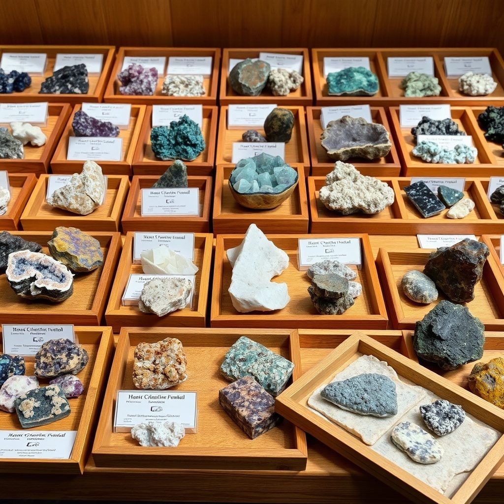 Beautifully organized mineral specimens in a display box