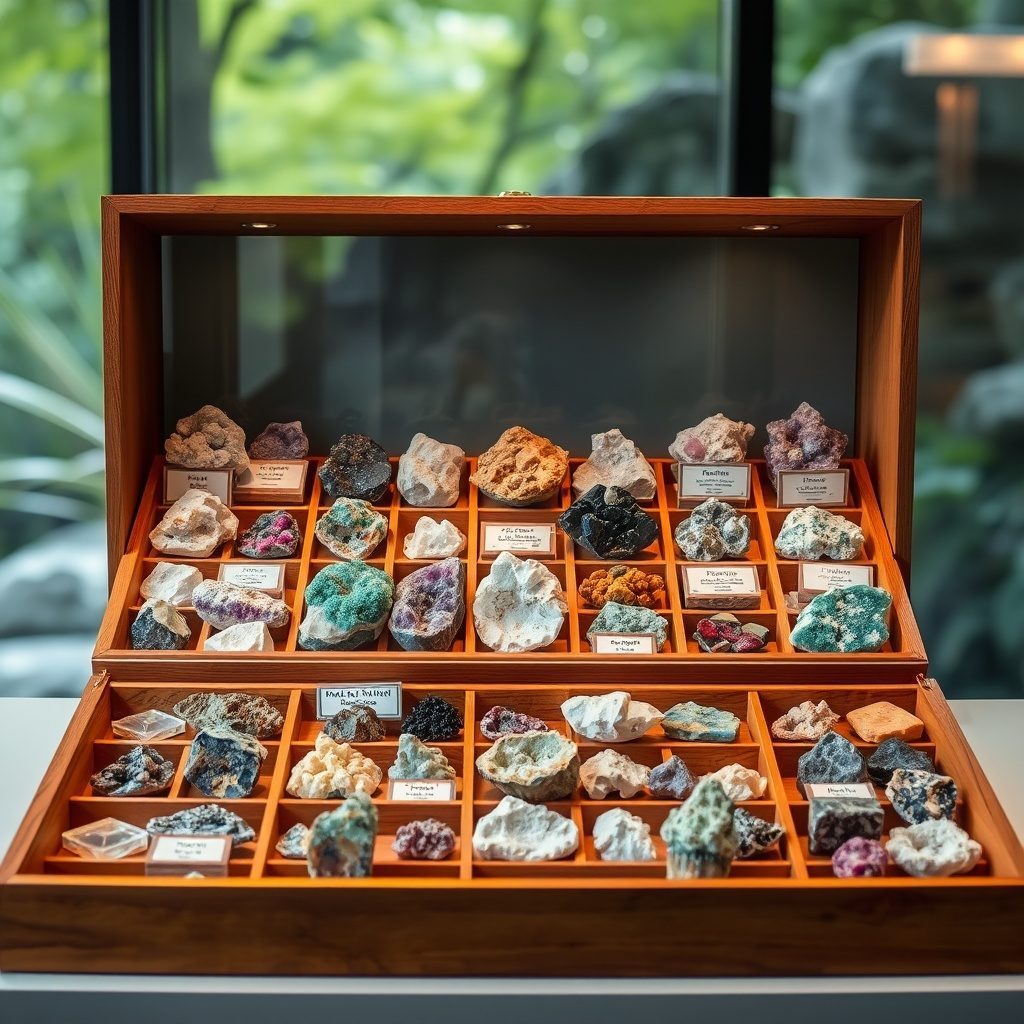 Minerals organized in display boxes
