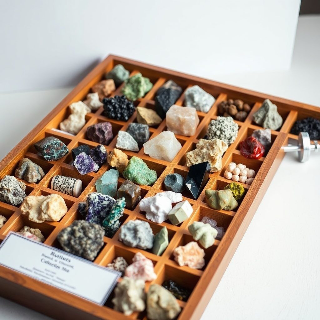 Labeled mineral trays in display boxes