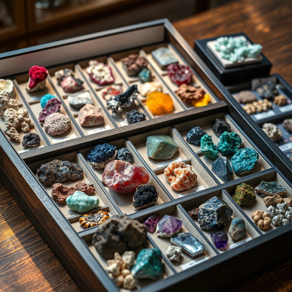 Mineral specimen display box with labeled trays